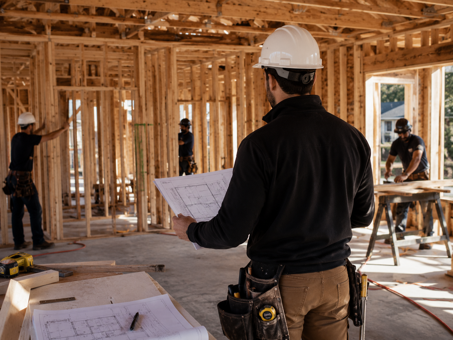 Contractor reviewing a home project under construction